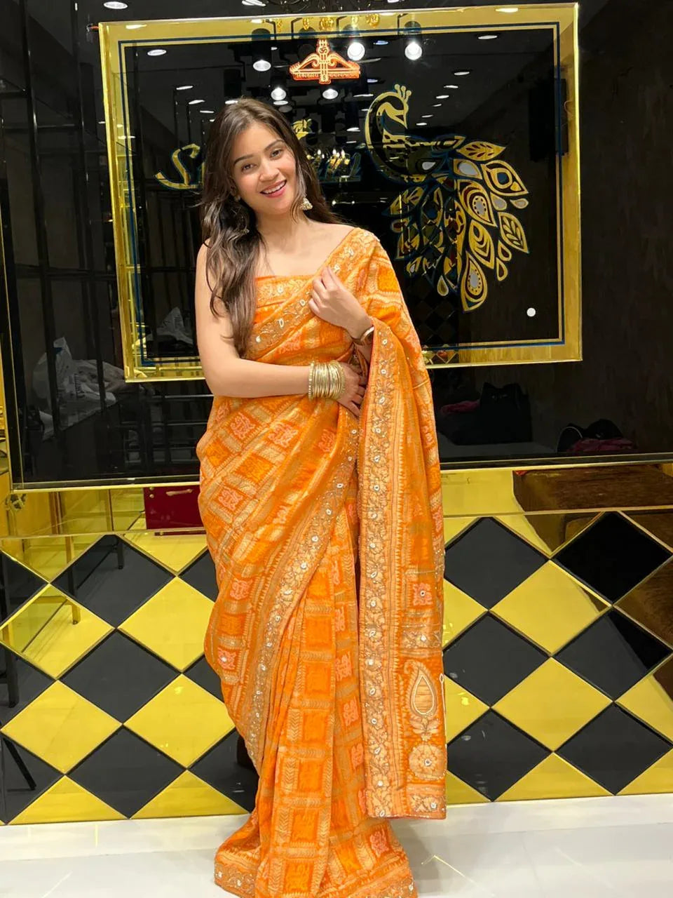 Orange Premium Khaddi Georgette Handwork saree (141)