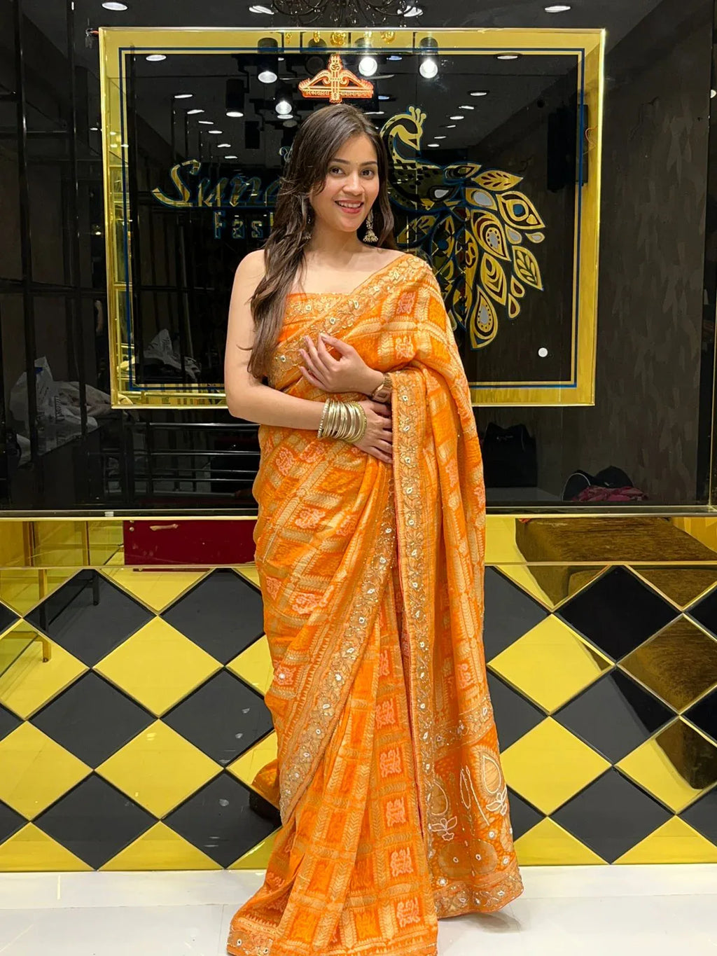 Orange Premium Khaddi Georgette Handwork saree (141)