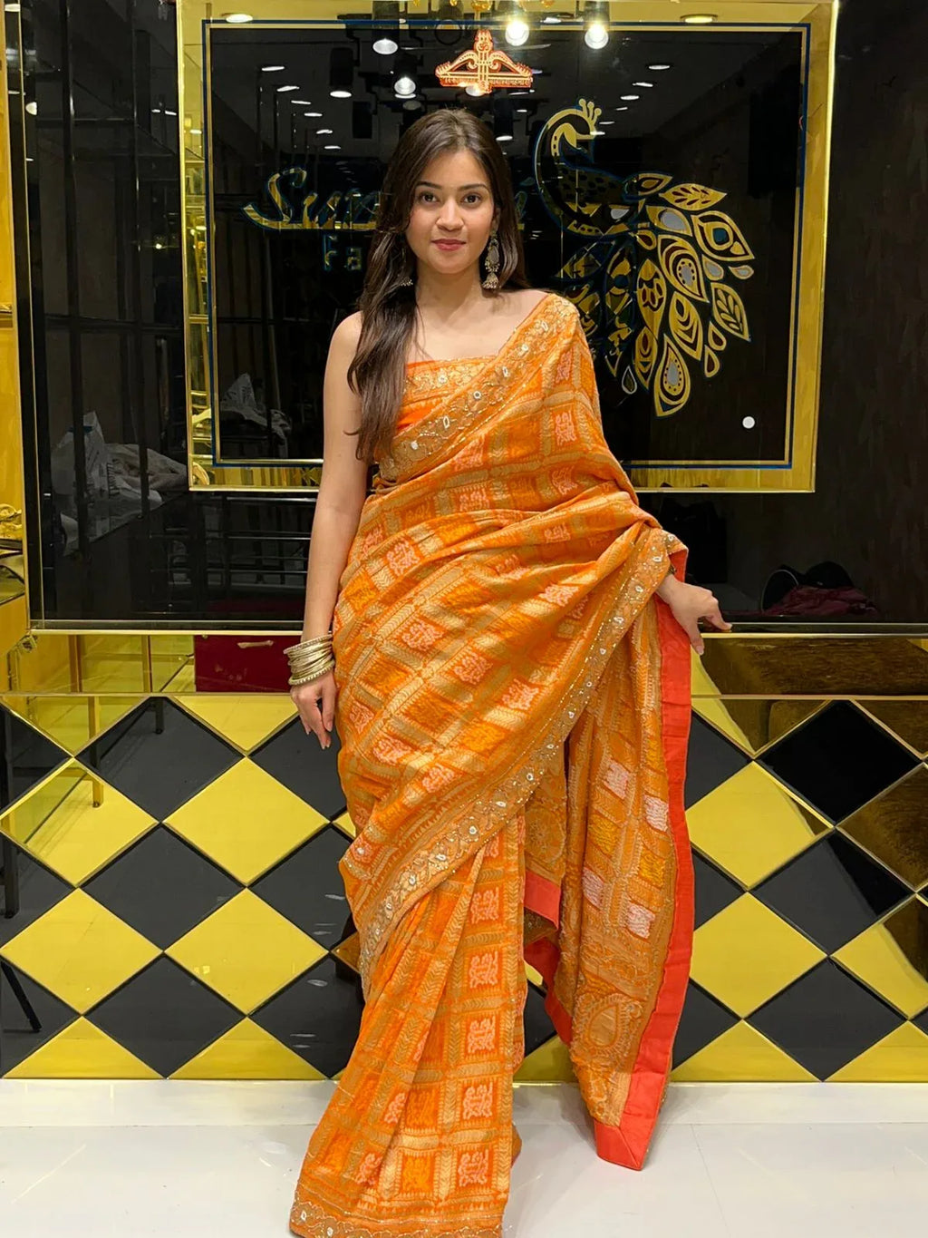 Orange Premium Khaddi Georgette Handwork saree (141)