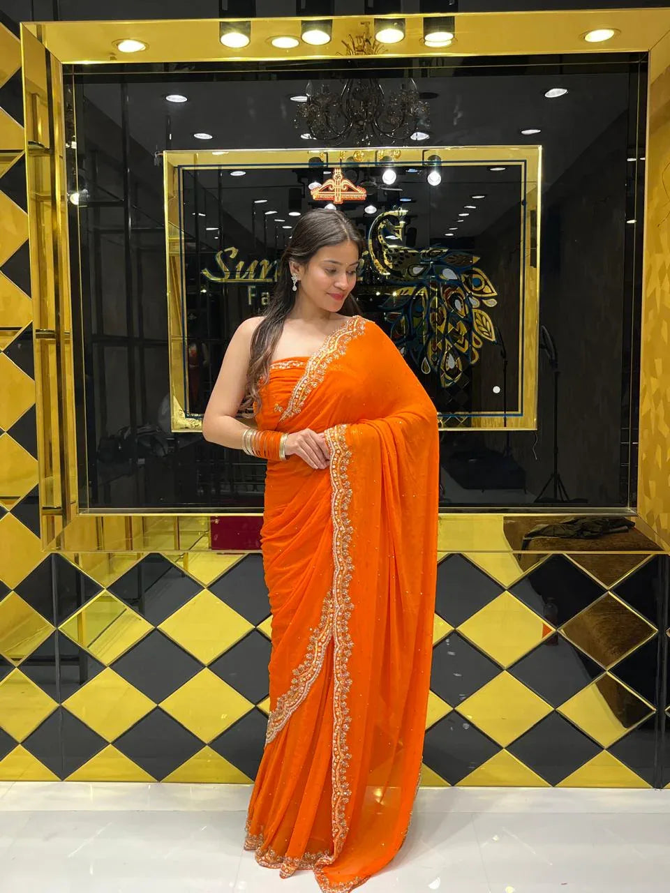 Orange Pure Chiffon Premium Handwork Saree (143)