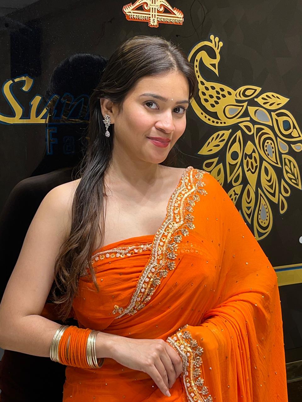 Orange Pure Chiffon Premium Handwork Saree (143)