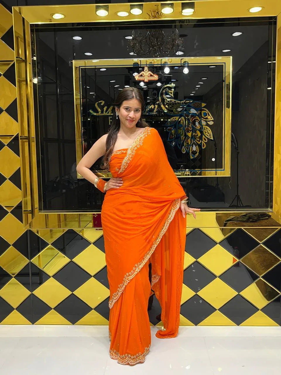 Orange Pure Chiffon Premium Handwork Saree (143)