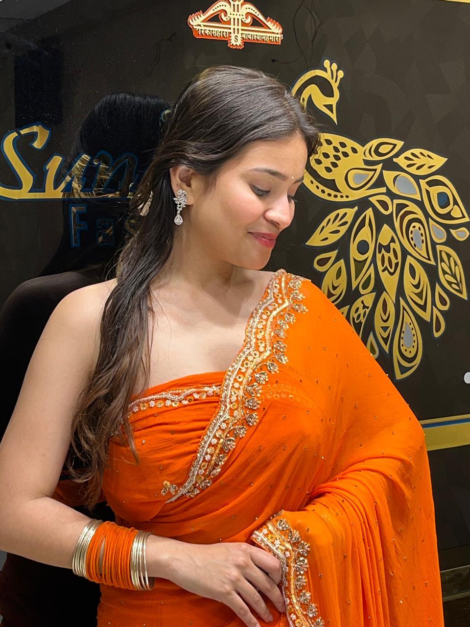 Orange Pure Chiffon Premium Handwork Saree (143)