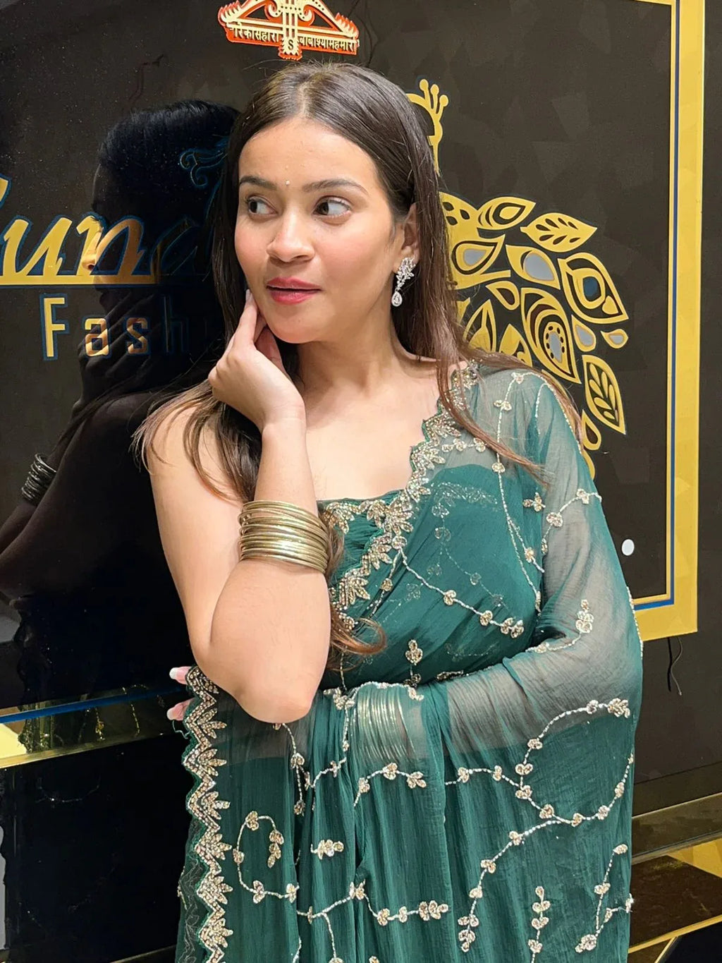 Green Pure Chiffon Premium Handwork Saree (145)