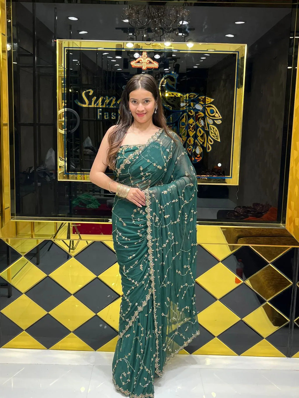 Green Pure Chiffon Premium Handwork Saree (145)