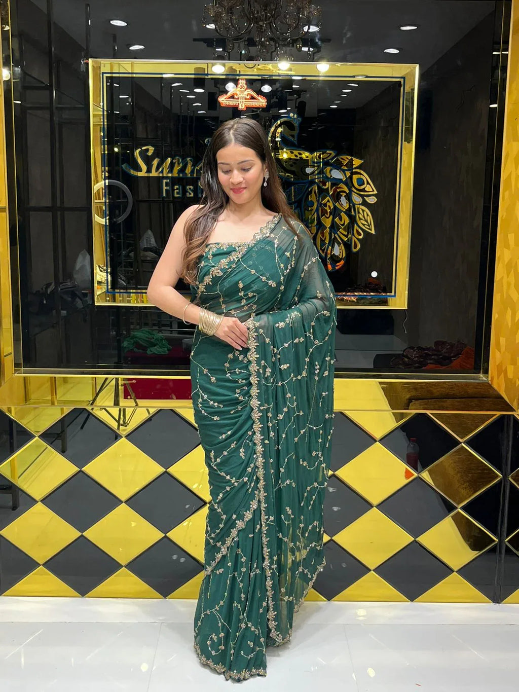 Green Pure Chiffon Premium Handwork Saree (145)