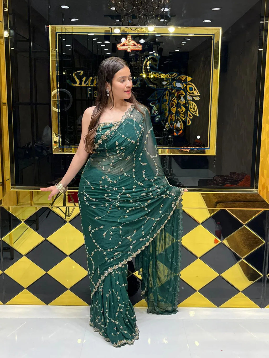 Green Pure Chiffon Premium Handwork Saree (145)