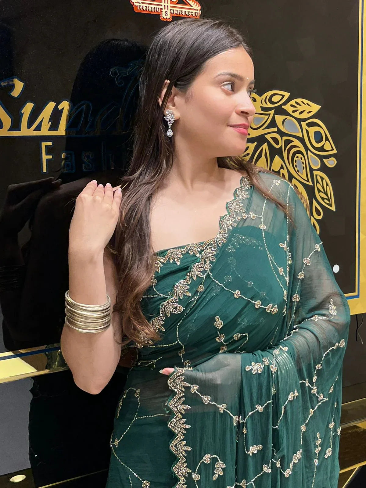 Green Pure Chiffon Premium Handwork Saree (145)