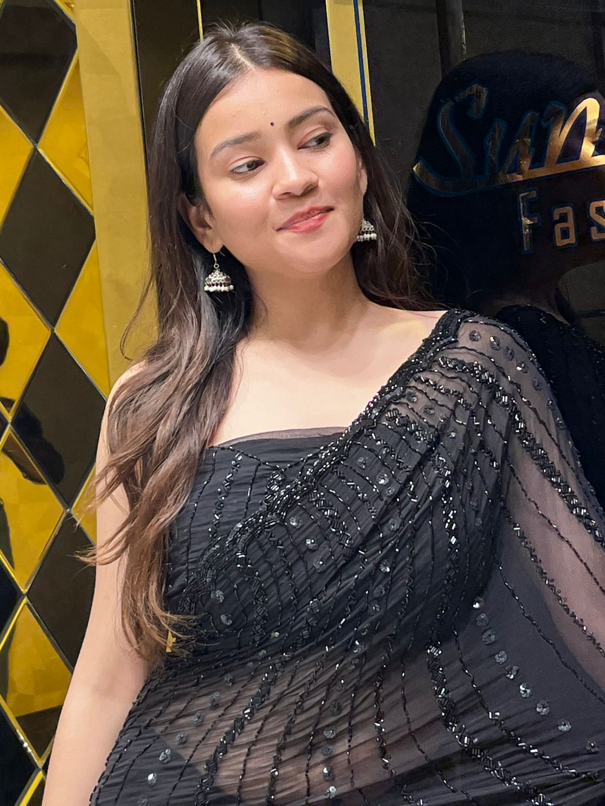 Stunning Black Cocktail Wear Handwork Pure Chiffon Saree (150)