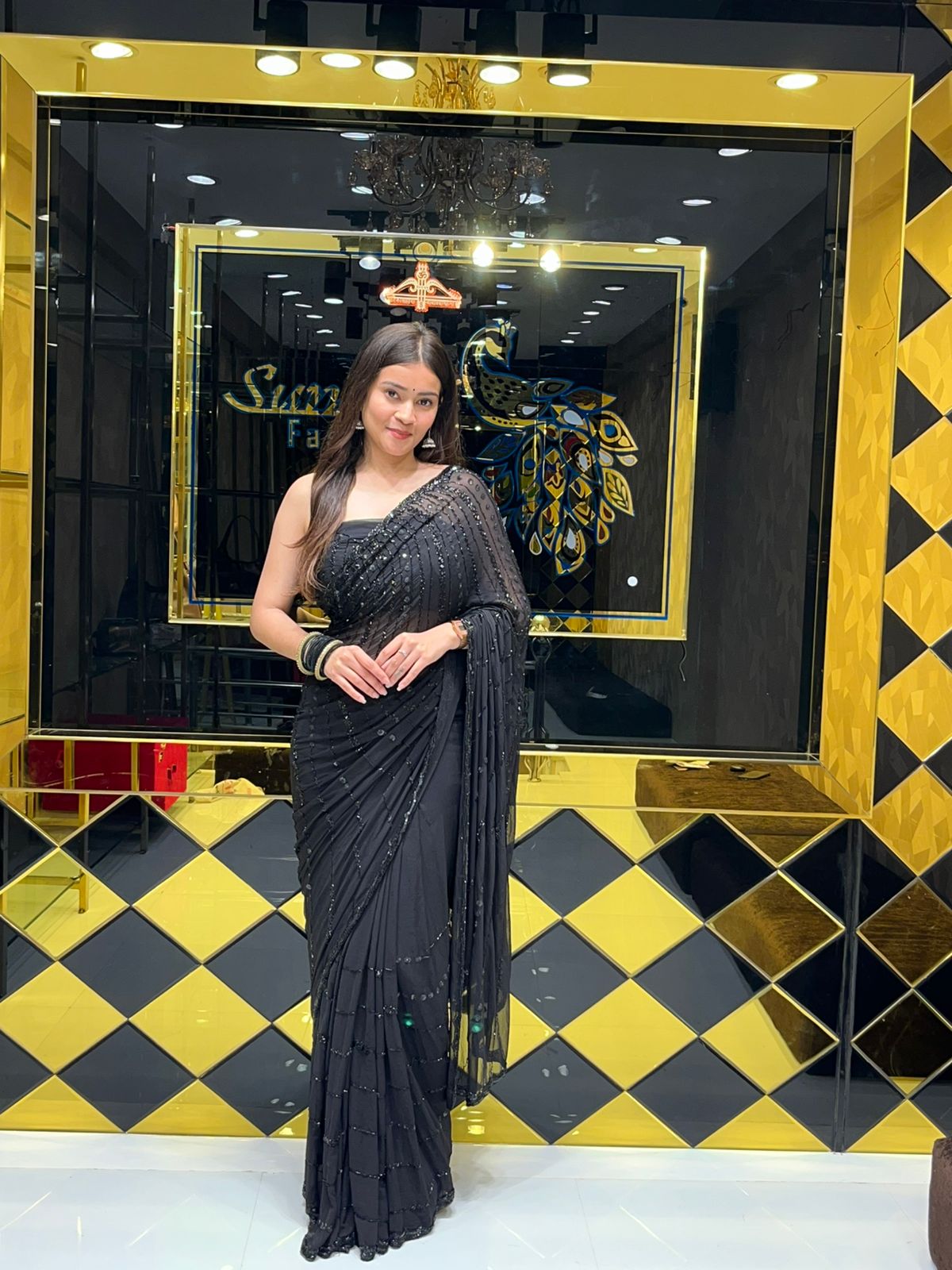 Stunning Black Cocktail Wear Handwork Pure Chiffon Saree (150)