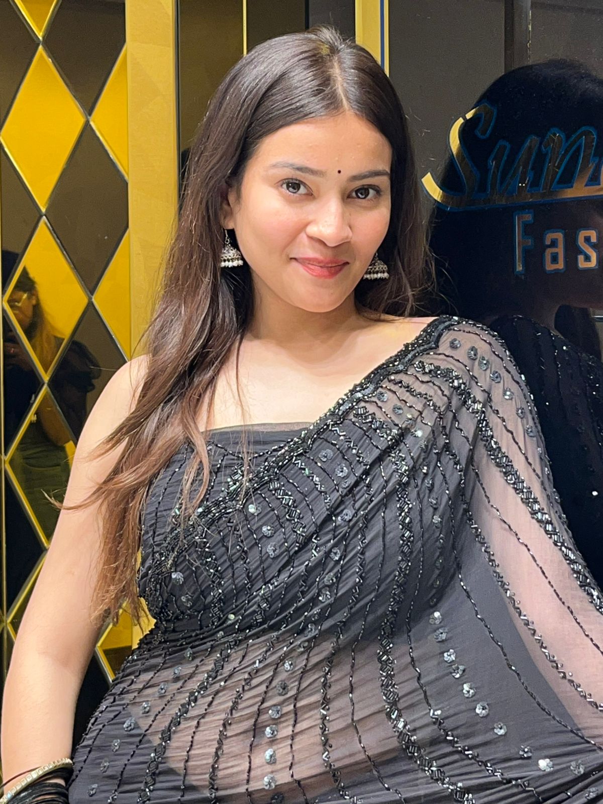 Stunning Black Cocktail Wear Handwork Pure Chiffon Saree (150)