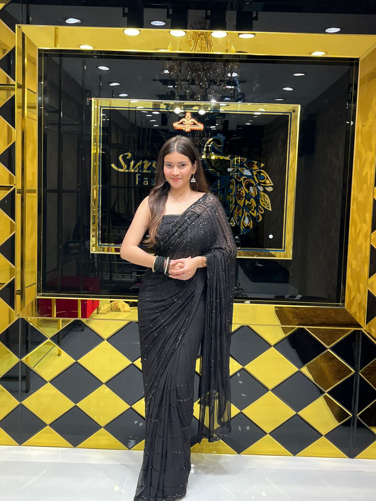 Stunning Black Cocktail Wear Handwork Pure Chiffon Saree (150)