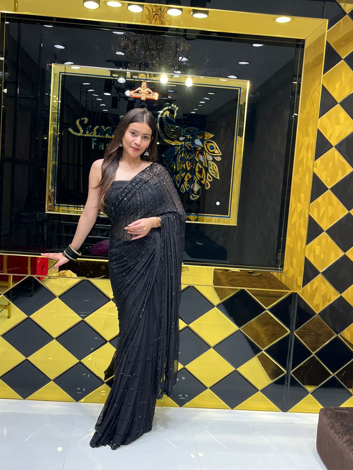 Stunning Black Cocktail Wear Handwork Pure Chiffon Saree (150)