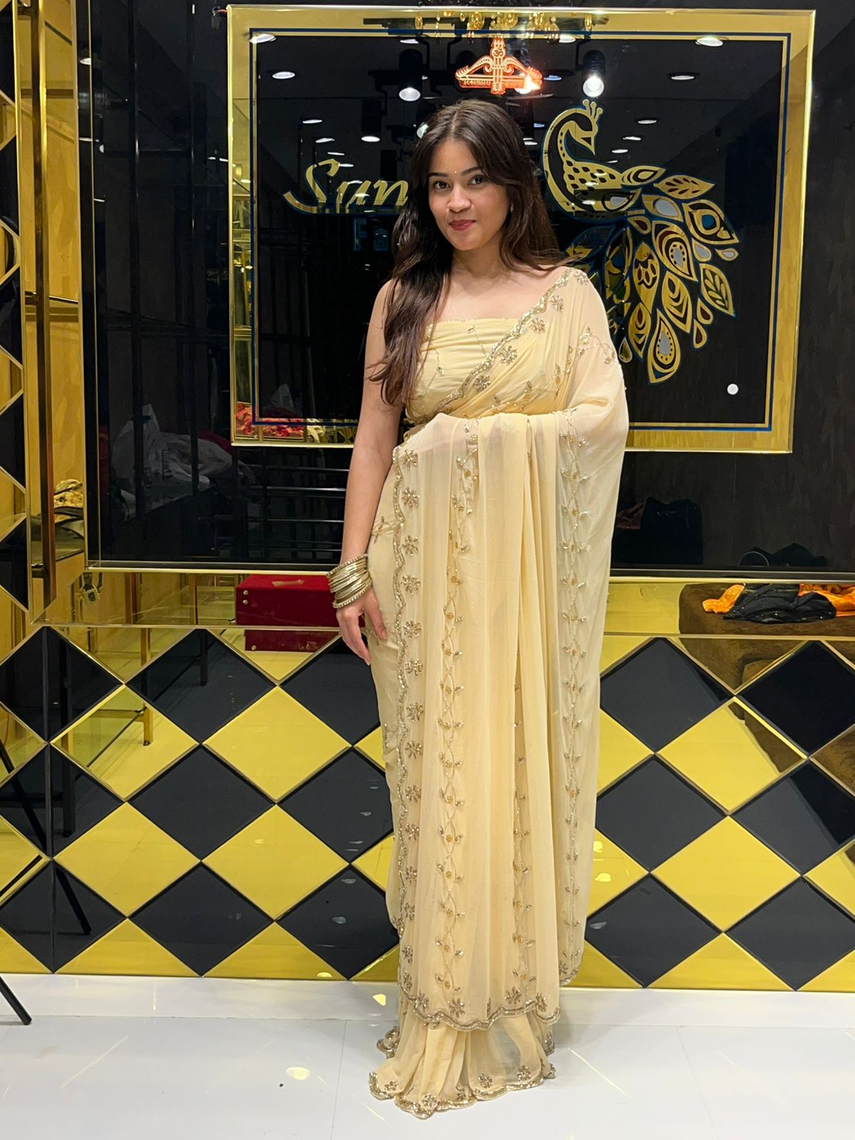 Beige  Golden Handwork Saree (154)