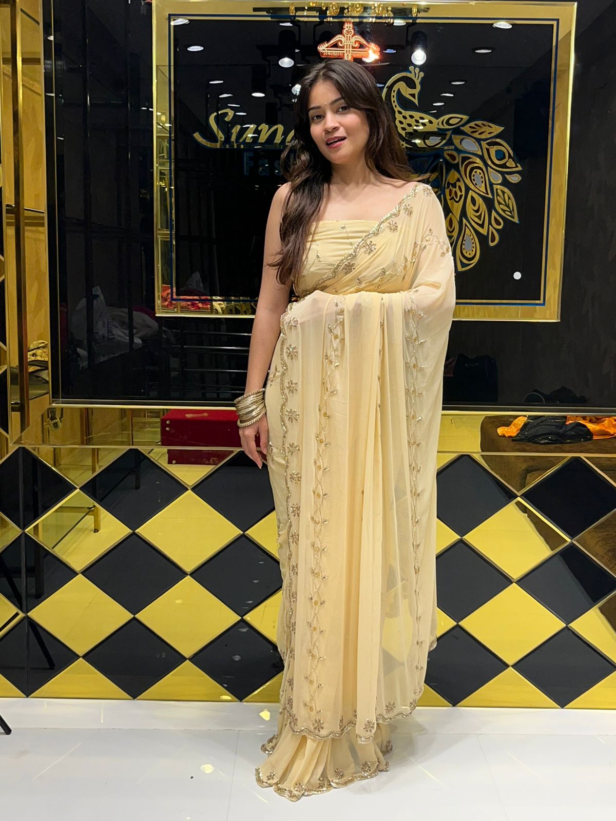 Beige  Golden Handwork Saree (154)