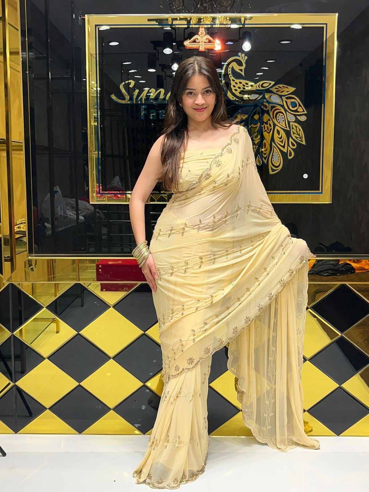 Beige  Golden Handwork Saree (154)