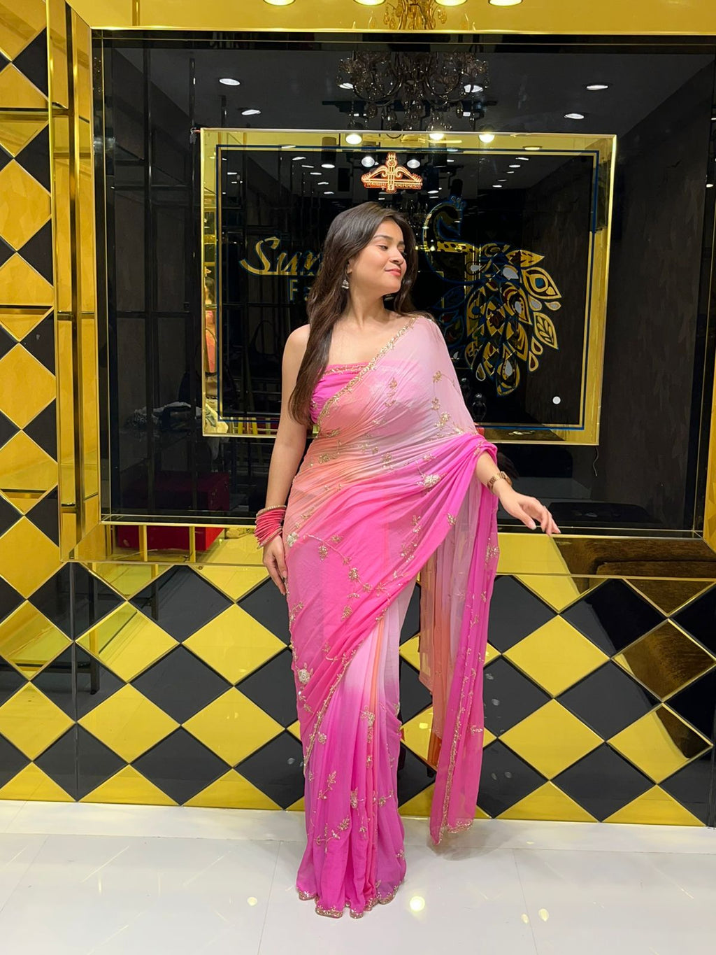 Pink PartyWear Handwork Saree (153)