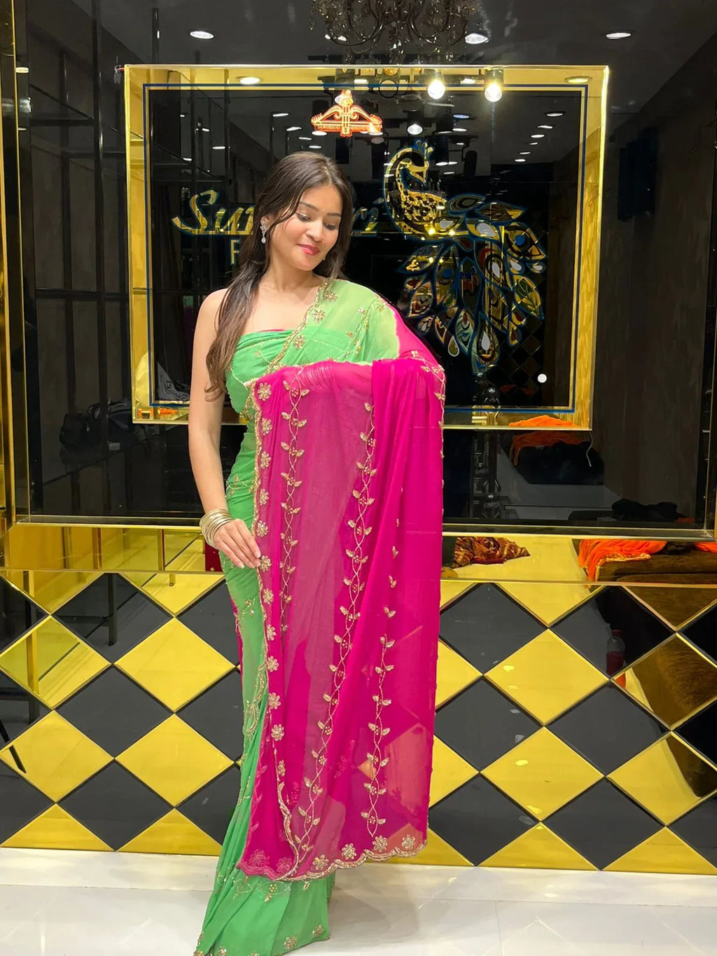 Dual Shade Golden Handwork Saree (155)