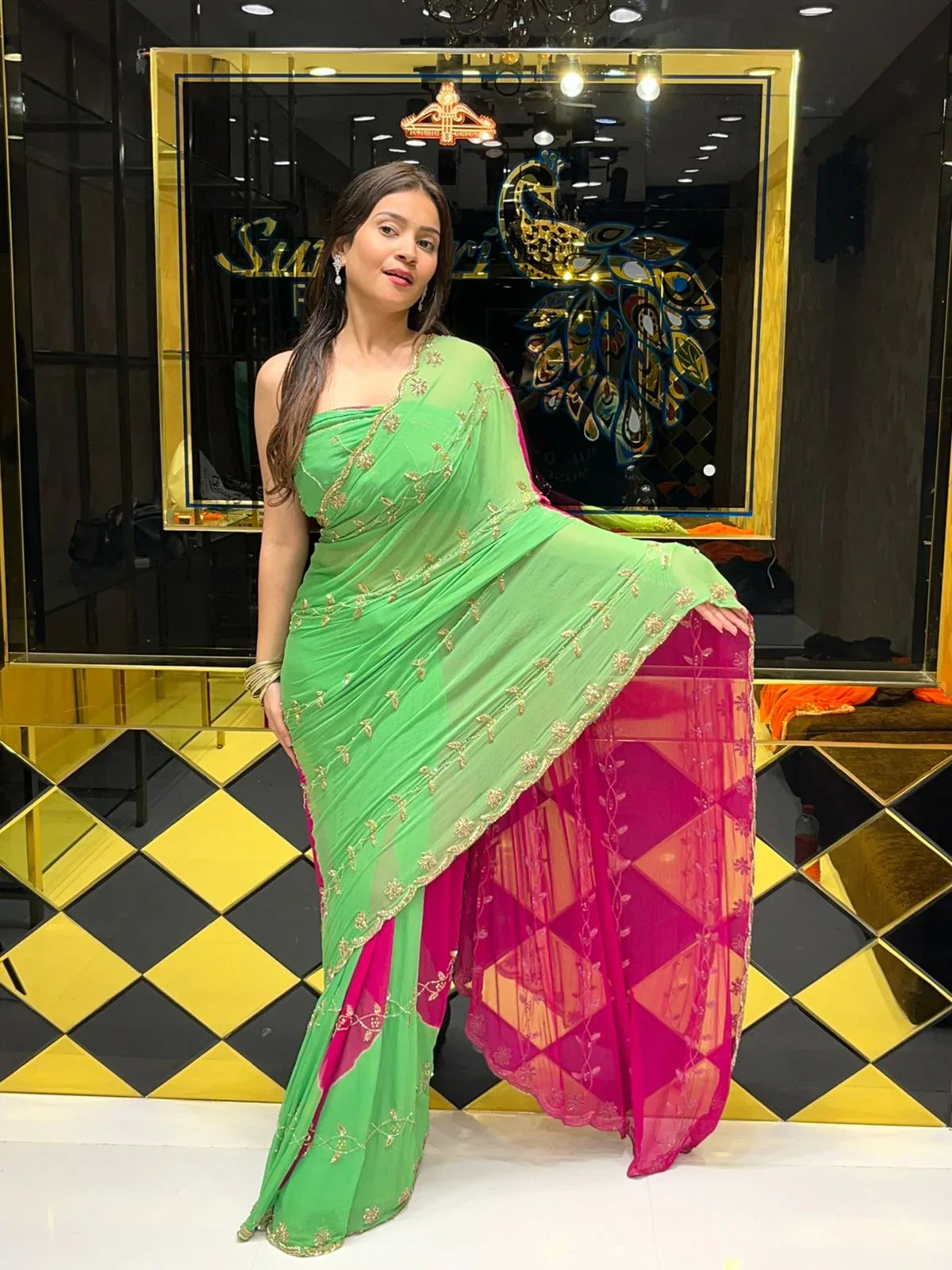 Dual Shade Golden Handwork Saree (155)