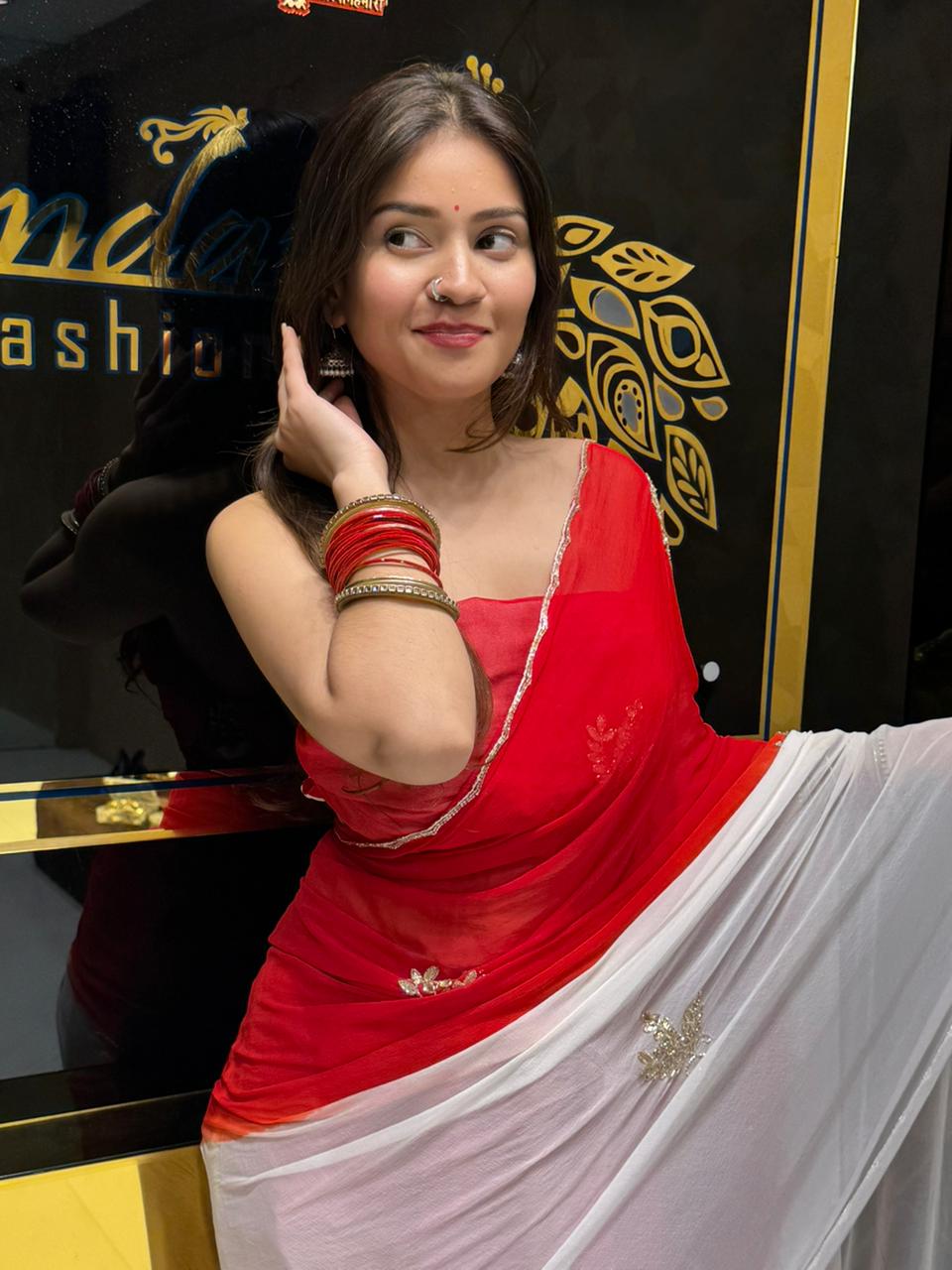 Stylish Red & White Saree (158)