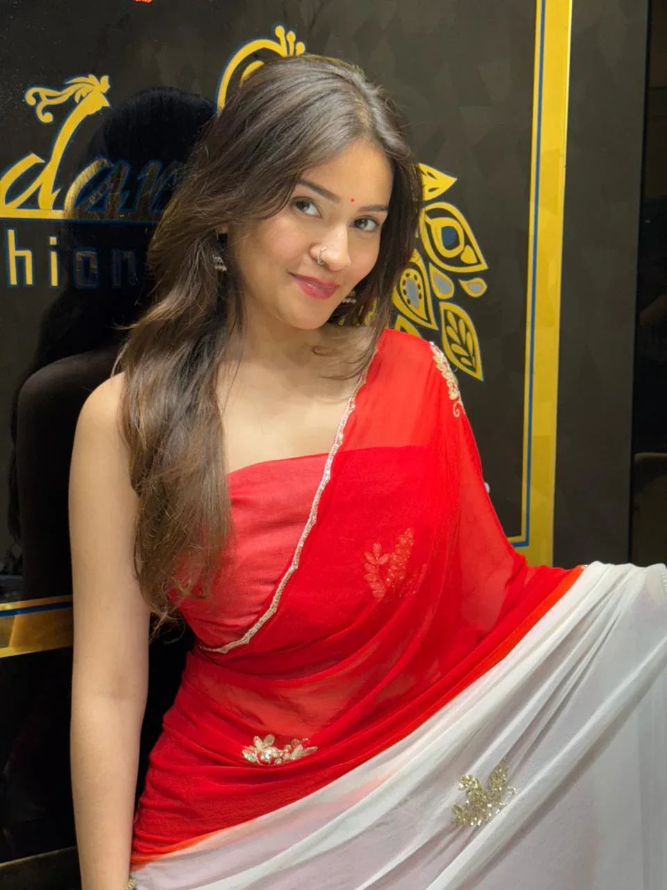 Stylish Red & White Saree (158)
