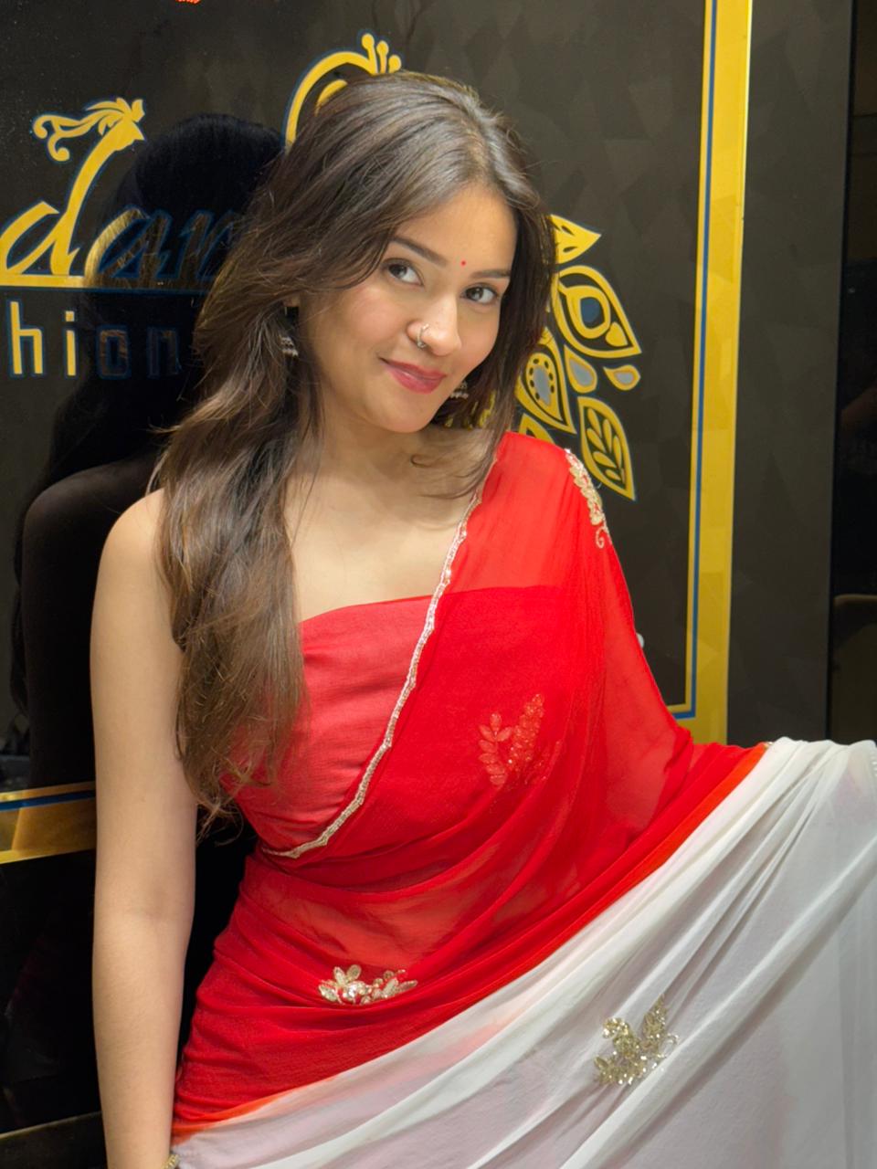 Stylish Red & White Saree (158)