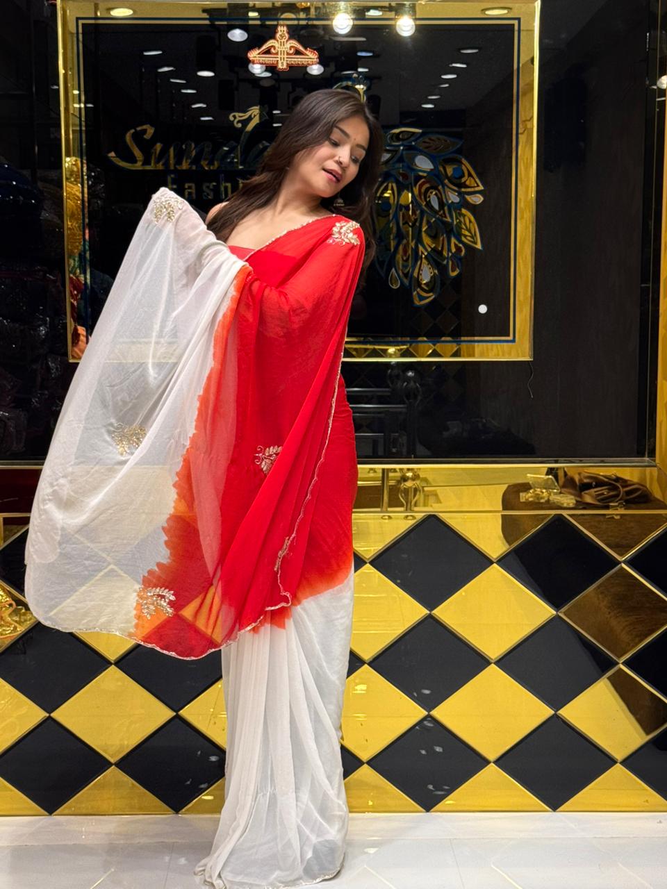 Stylish Red & White Saree (158)