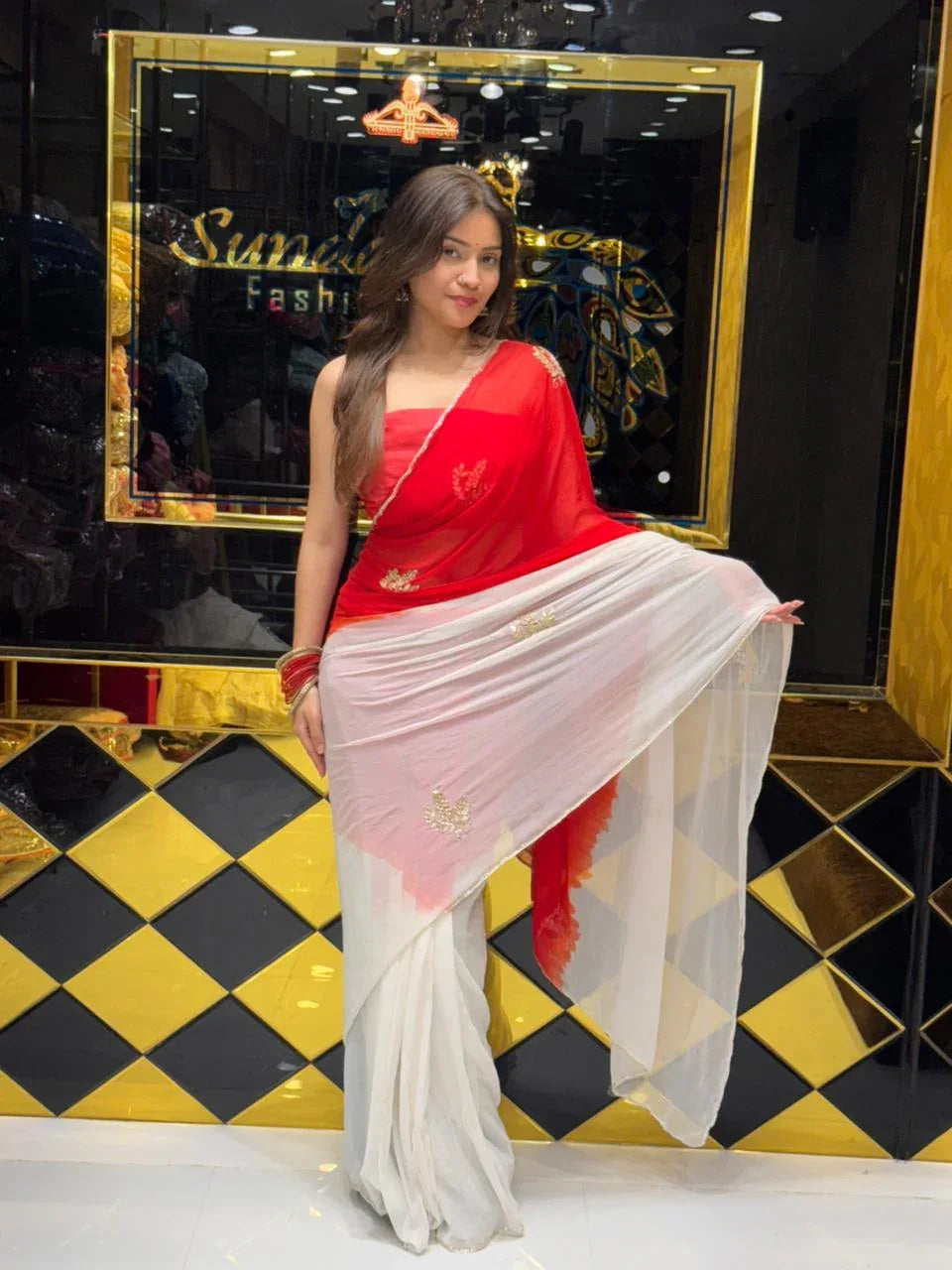 Stylish Red & White Saree (158)