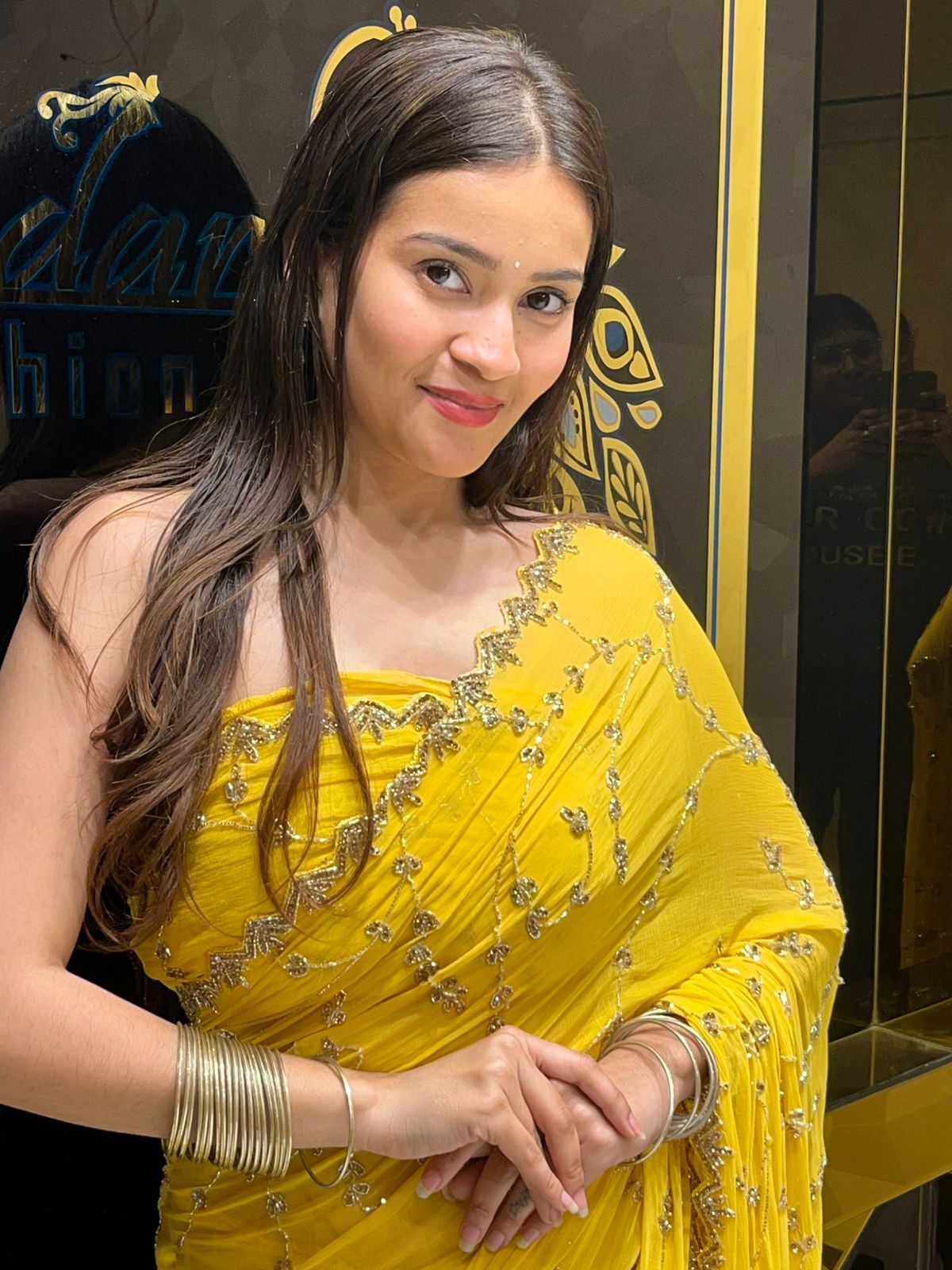 Yellow Pure Chiffon Premium Handwork Saree (162)