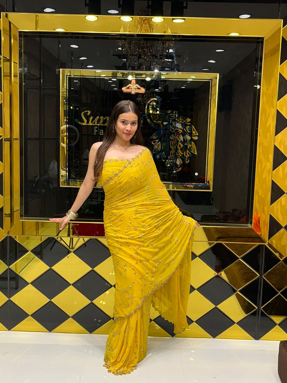 Yellow Pure Chiffon Premium Handwork Saree (162)