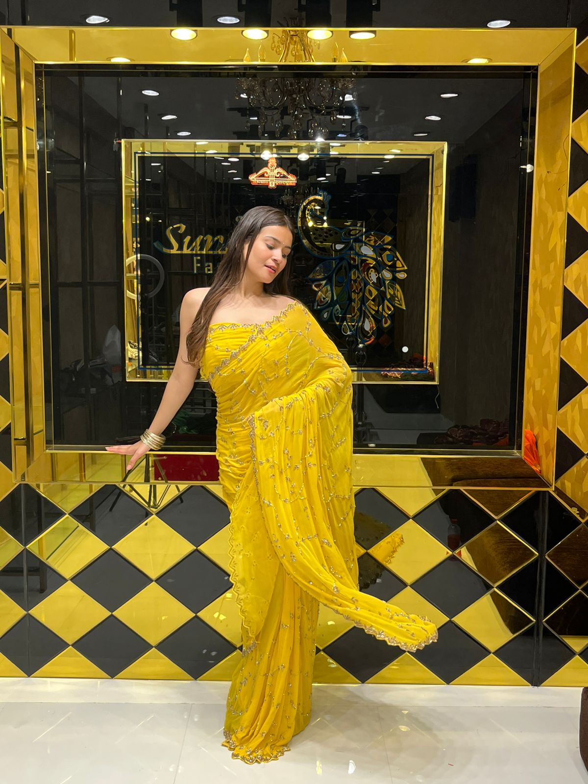 Yellow Pure Chiffon Premium Handwork Saree (162)