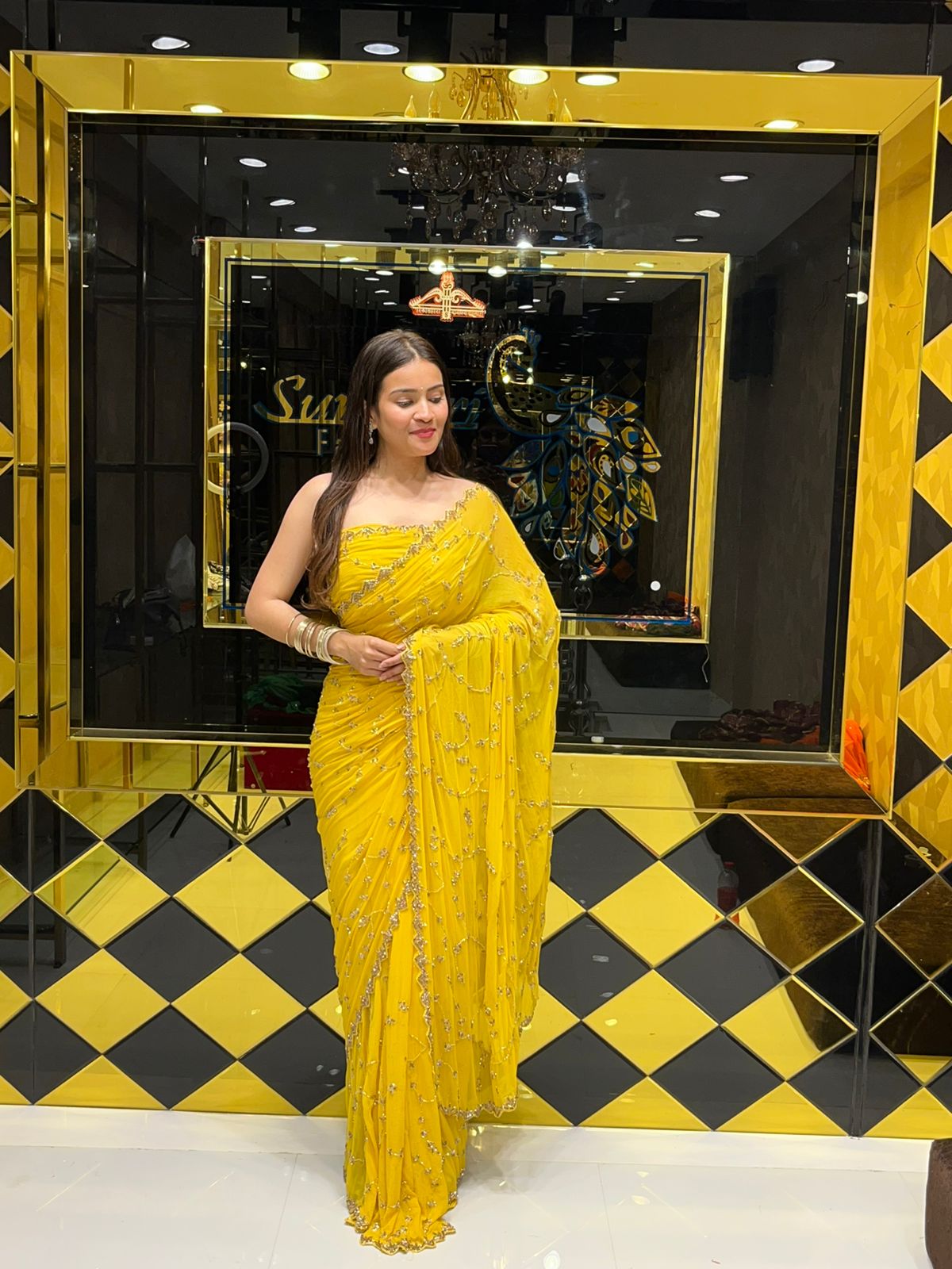 Yellow Pure Chiffon Premium Handwork Saree (162)