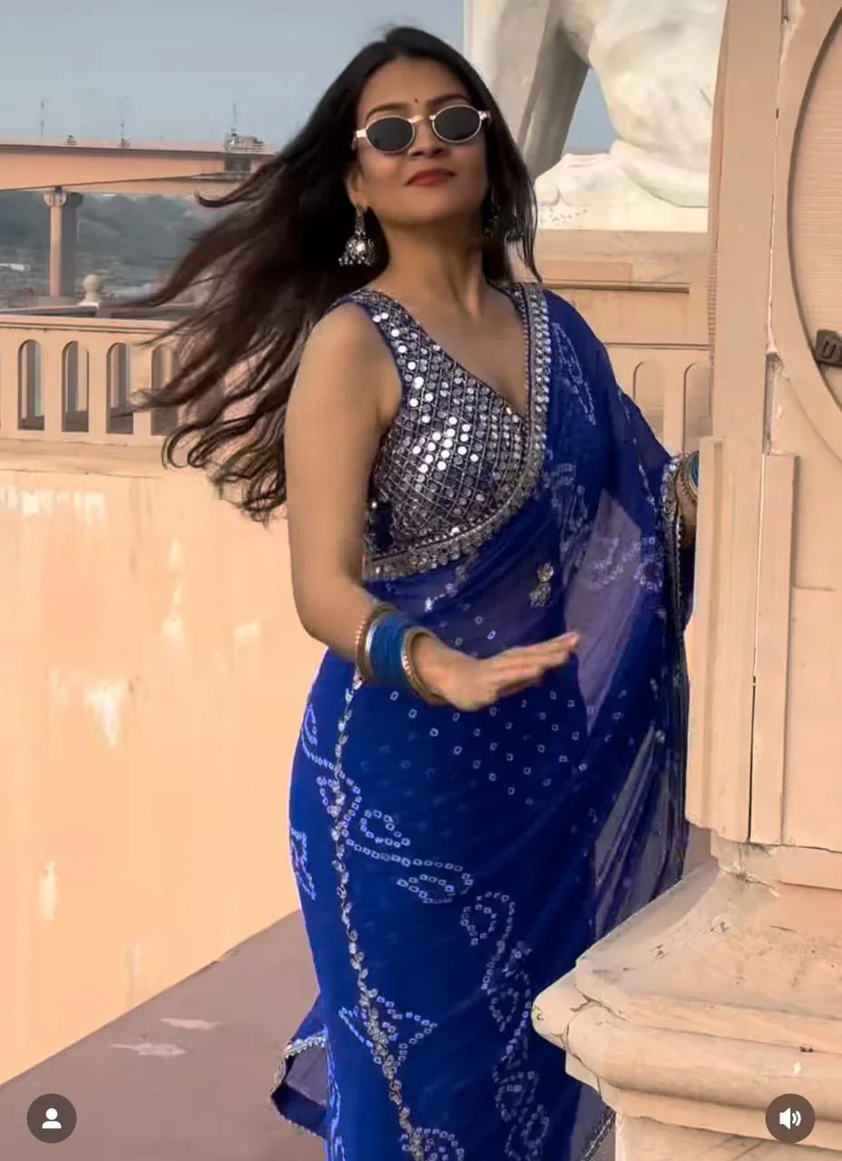 Blue Bandhej Pure Chiffon Premium Handwork Saree (163)