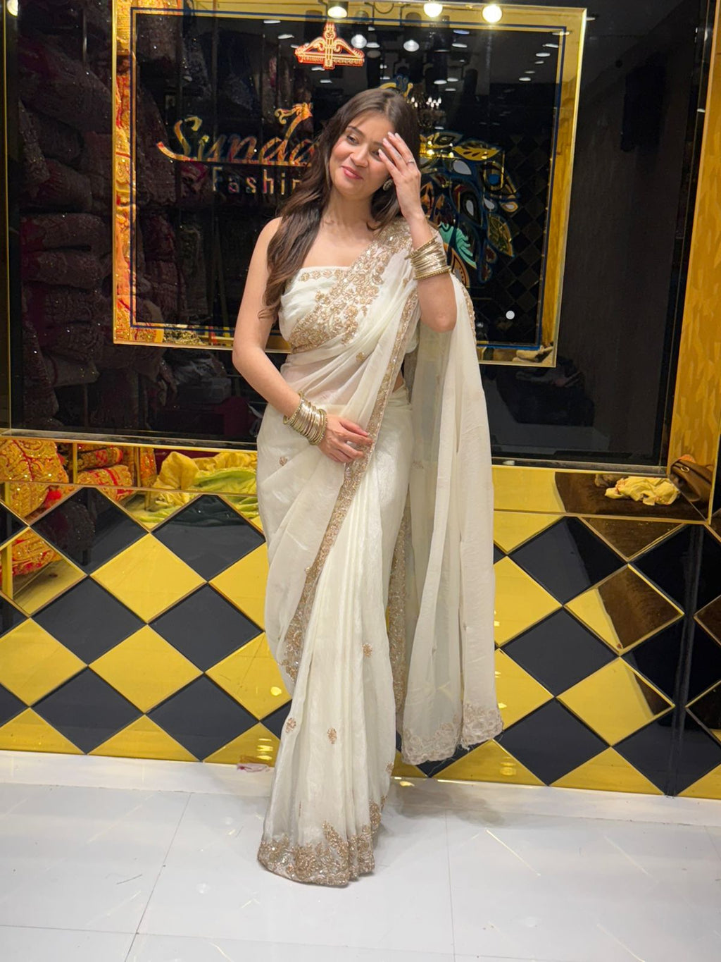 White Tissue Silk Handwork Saree (166)