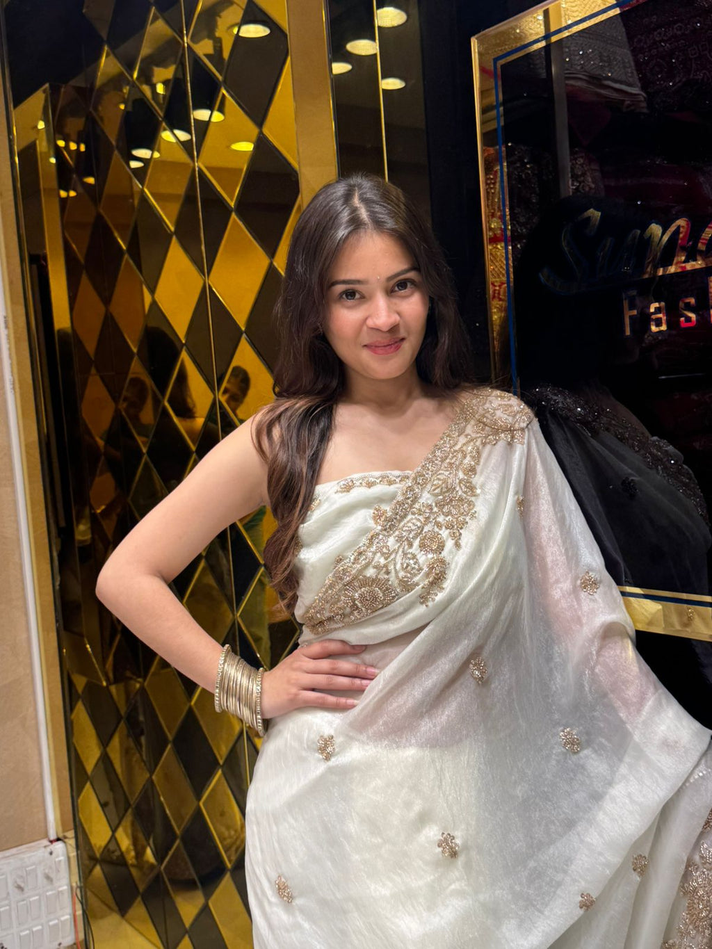 White Tissue Silk Handwork Saree (166)