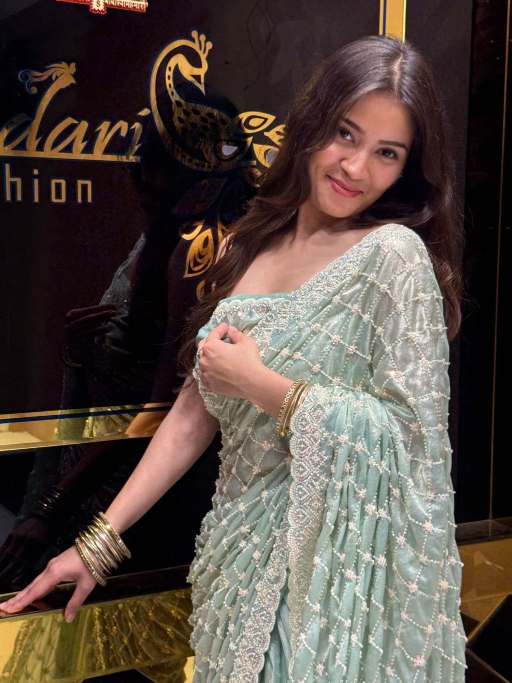 Pastel Green Pearl Handwork Saree (167)