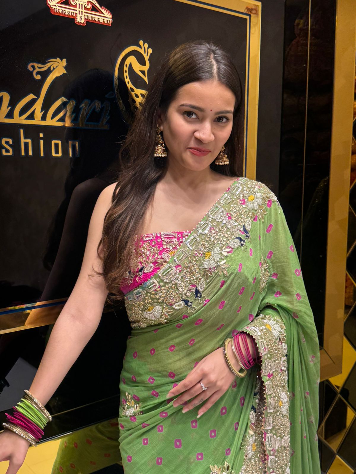 Green Colour Pure Chiffon Bandhani Heavy Handwork Saree (168)