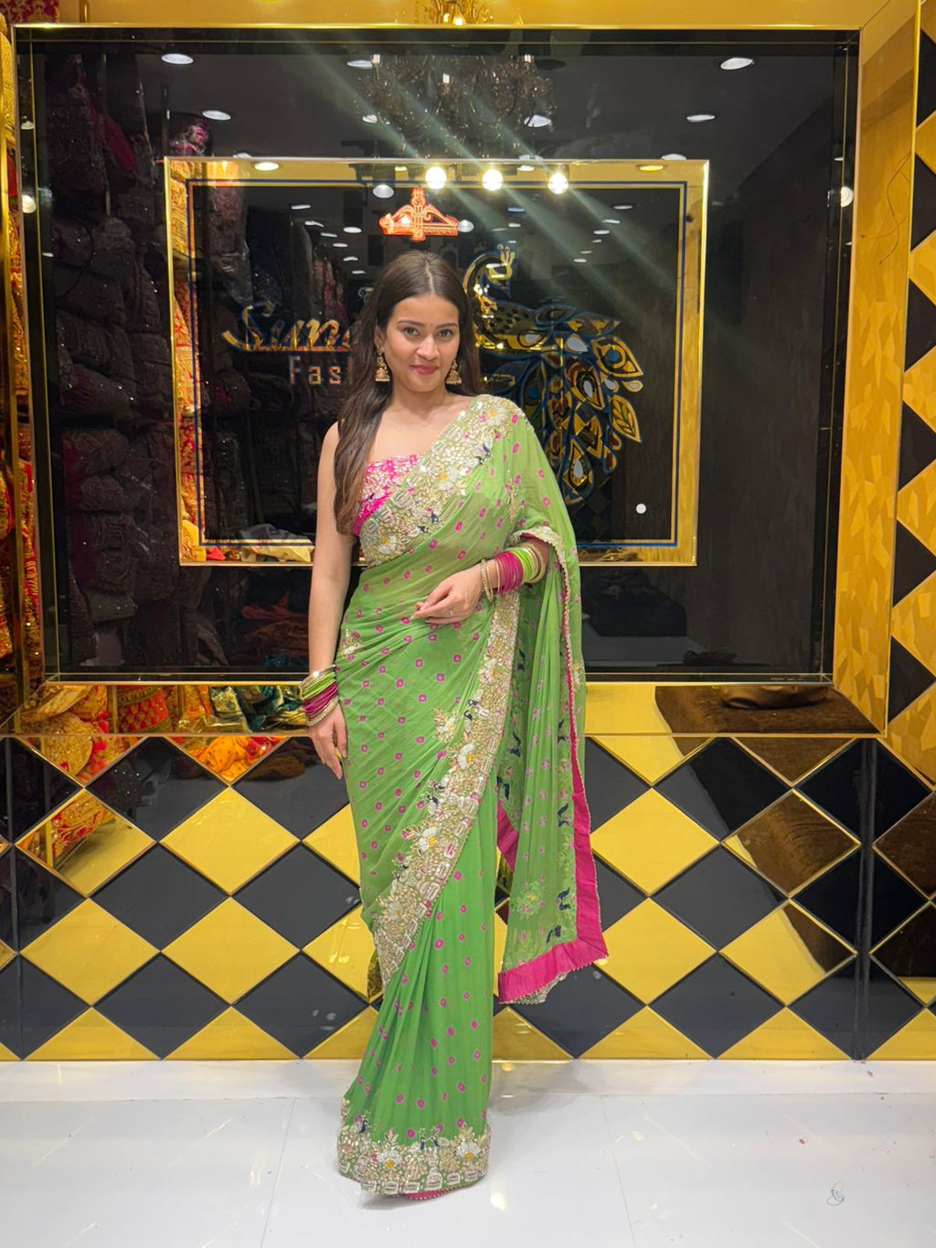 Green Colour Pure Chiffon Bandhani Heavy Handwork Saree (168)