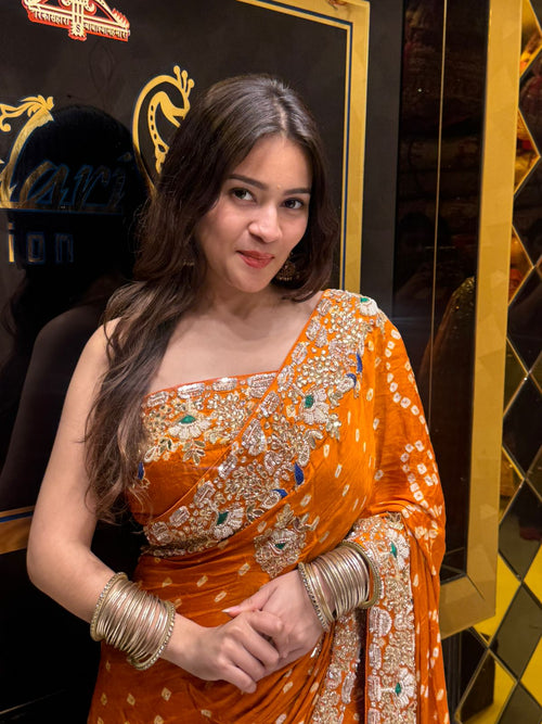 Rust Bandhej Gajji Silk Handwork Saree (170)