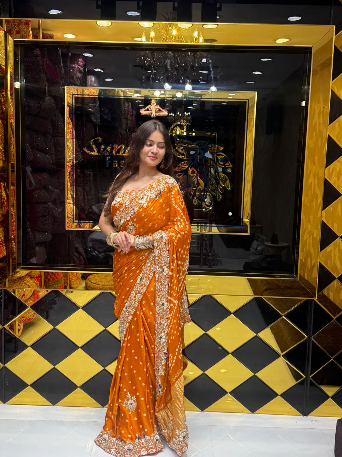 Rust Bandhej Gajji Silk Handwork Saree (170)