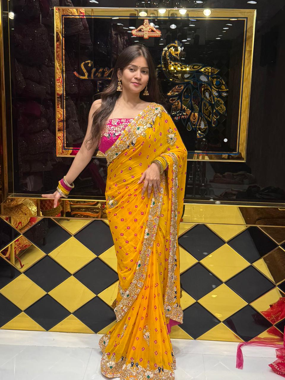 Mustard Colour Pure Chiffon Bandhani Heavy Handwork Saree (172)