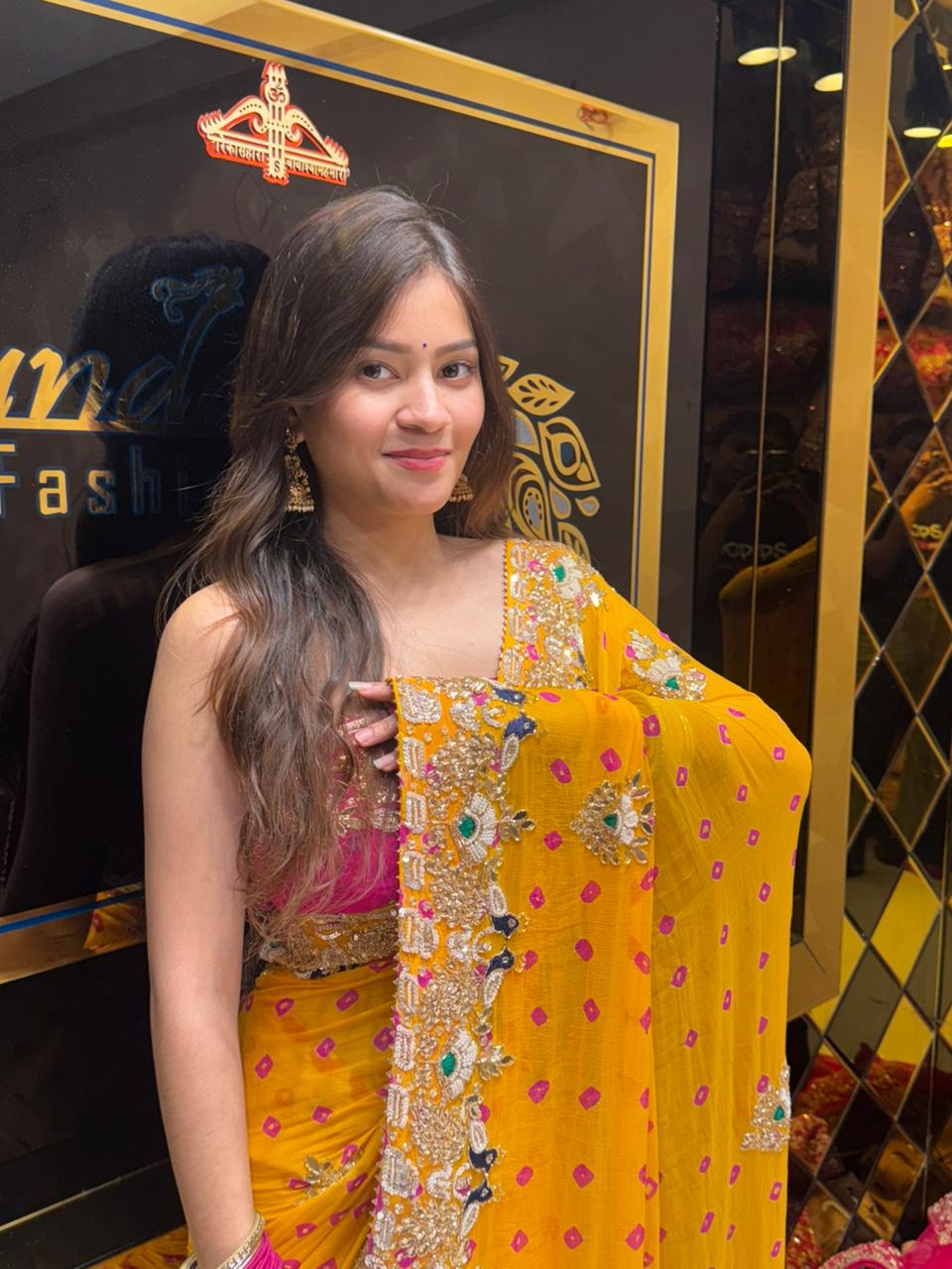 Mustard Colour Pure Chiffon Bandhani Heavy Handwork Saree (172)