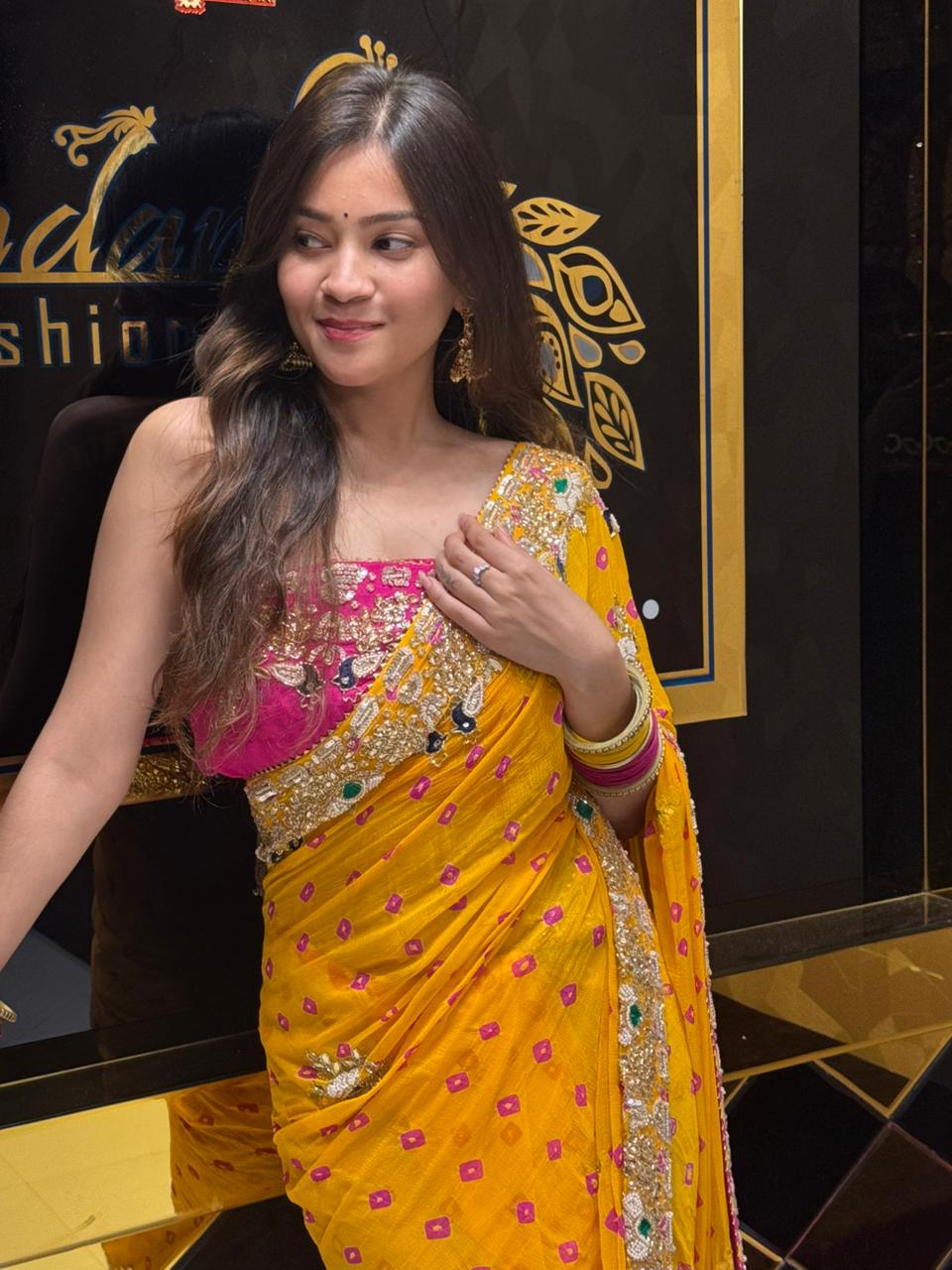 Mustard Colour Pure Chiffon Bandhani Heavy Handwork Saree (172)