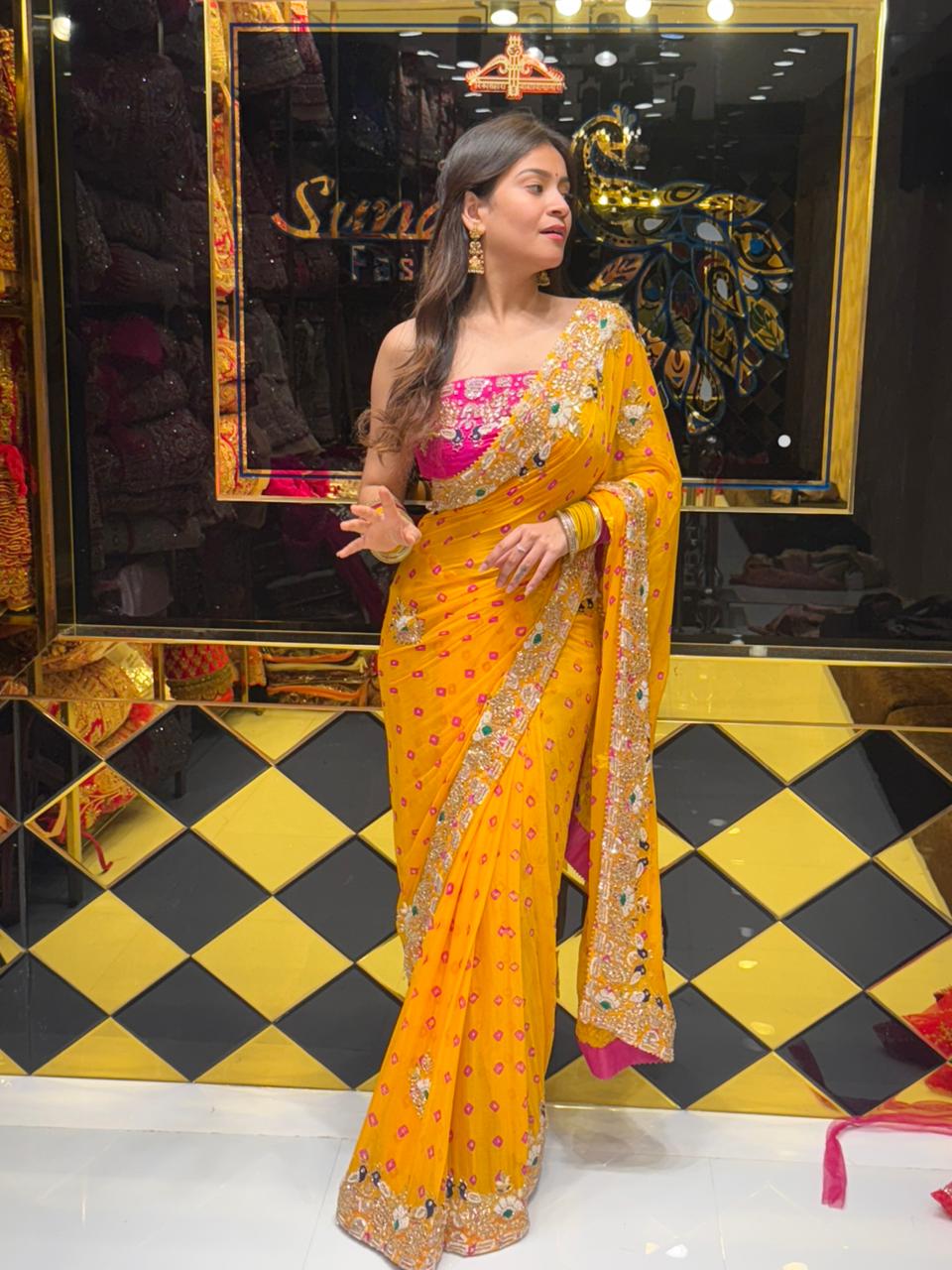 Mustard Colour Pure Chiffon Bandhani Heavy Handwork Saree (172)