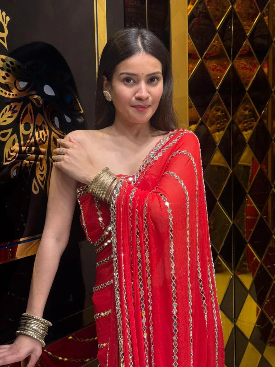 Red Original Mirror Work Saree (173)