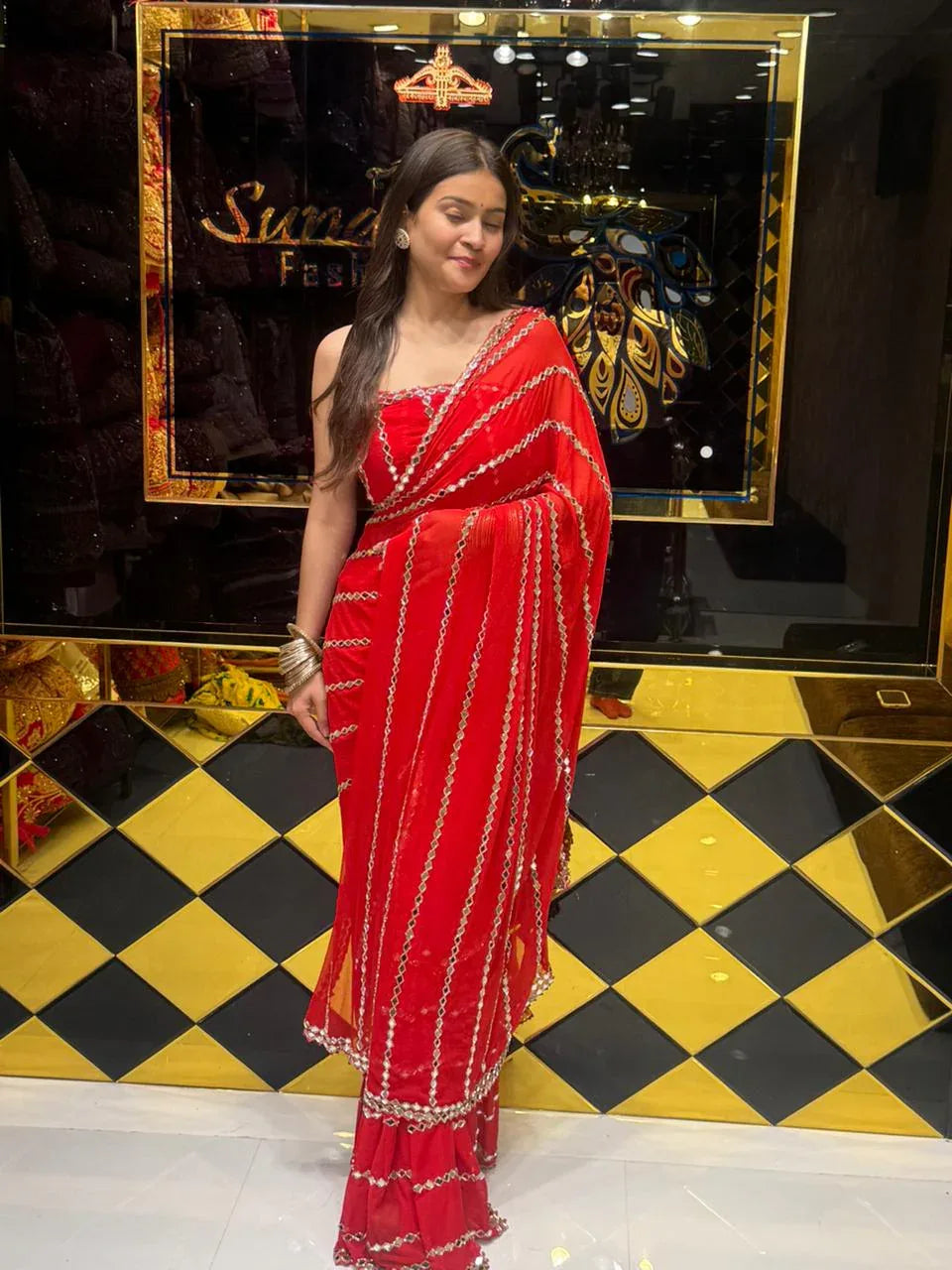 Red Original Mirror Work Saree (173)