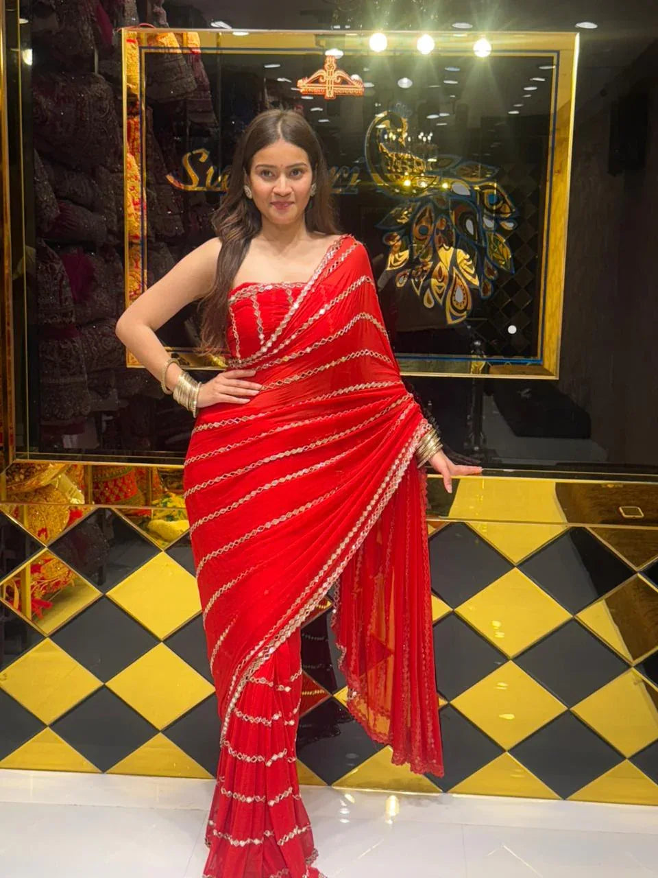 Red Original Mirror Work Saree (173)