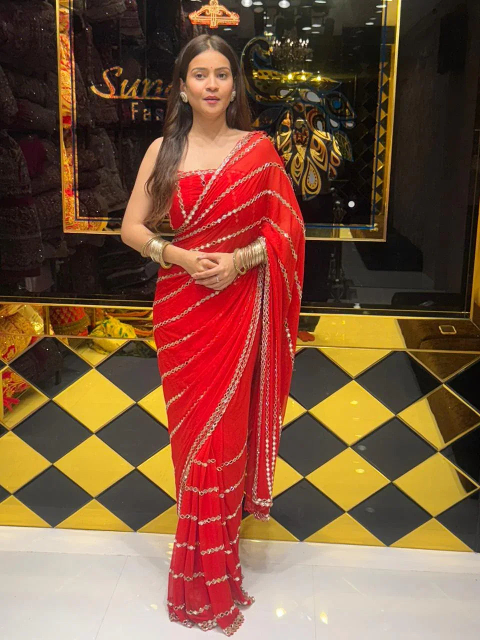 Red Original Mirror Work Saree (173)