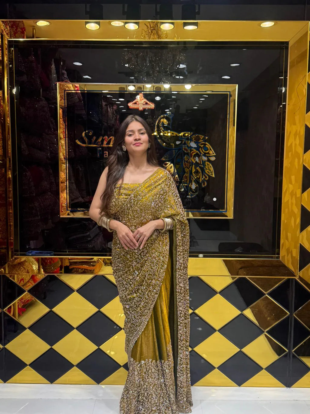Golden Green Glass Silk Zarkan Premium Saree (175)
