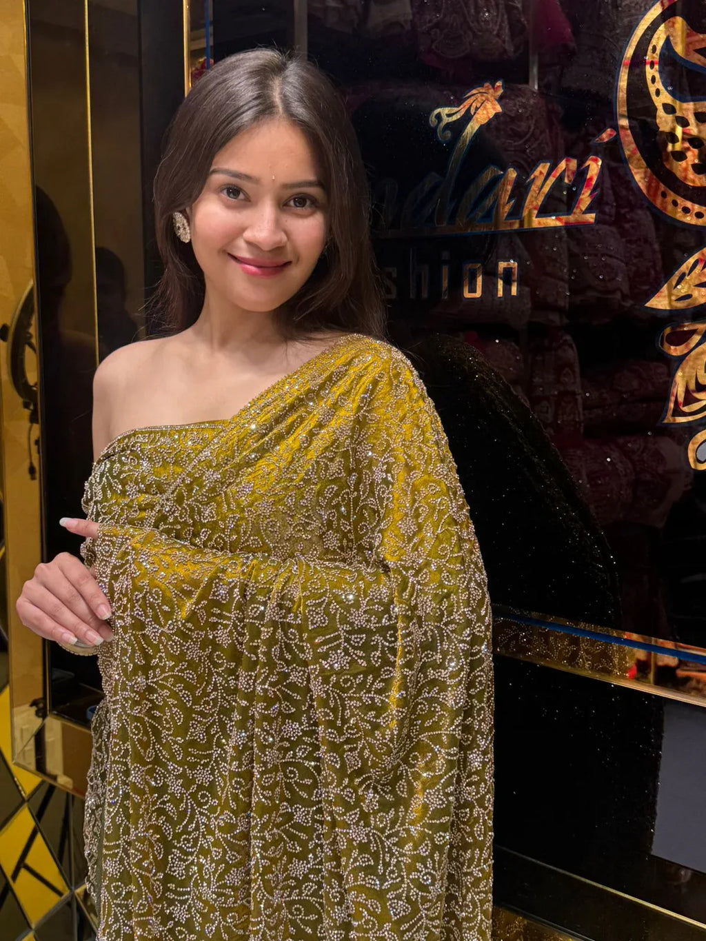 Golden Green Glass Silk Zarkan Premium Saree (175)